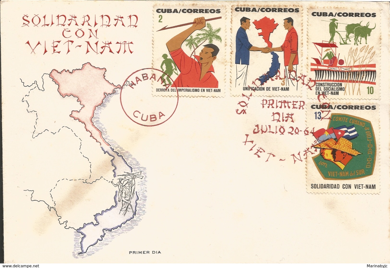 V) 1964 CARIBBEAN, UNIFICATION OF VIET NAM, RED CANCELLATION, WITH SLOGAN CANCELLATION IN RED, FDC - Storia Postale
