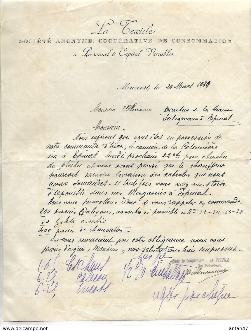 Lettre 1929 / 88 MIRECOURT / LA TEXTILE / Coopérative De Consommation - 1900 – 1949