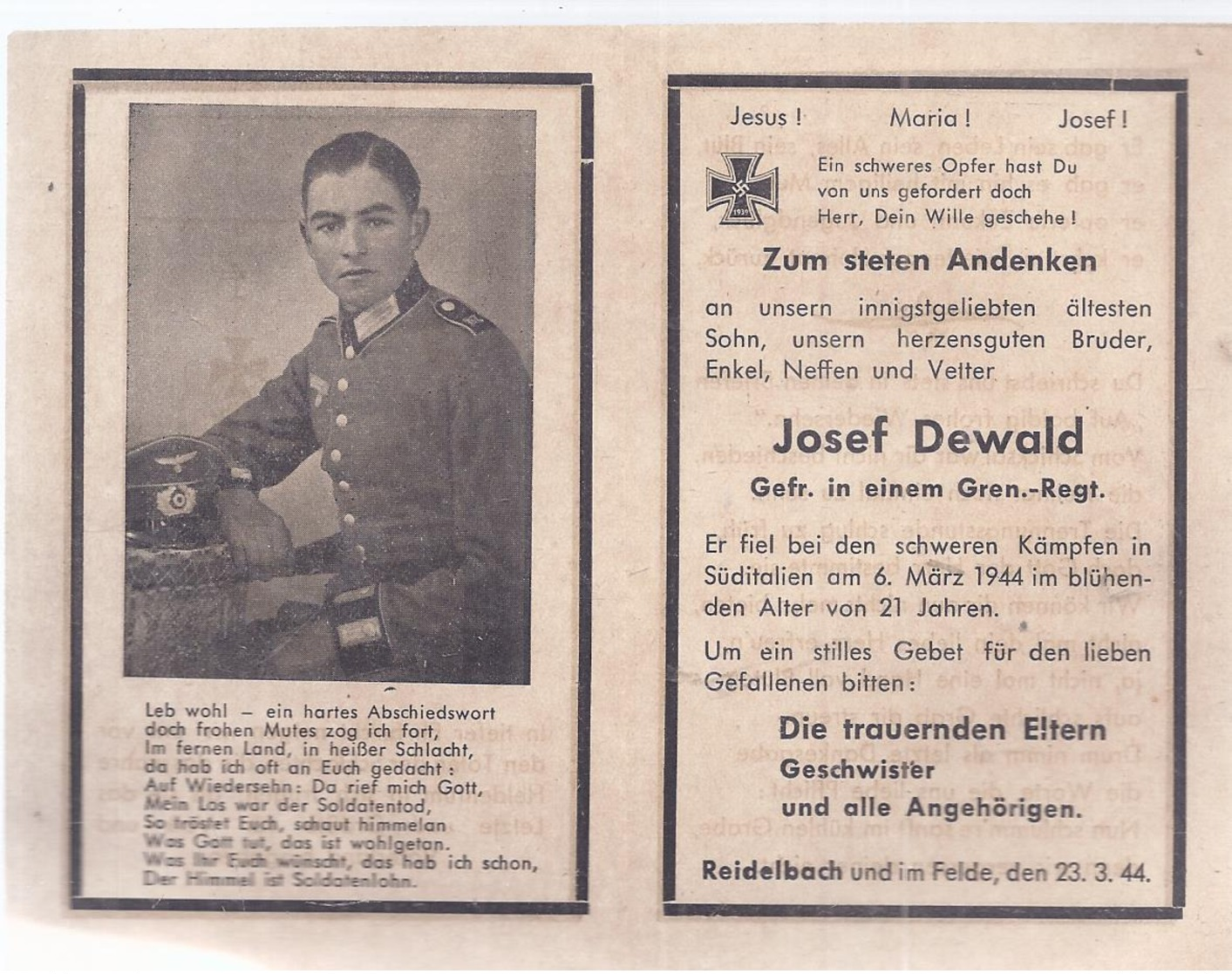AK-div.27- 036 -   Reidelbach , Sterbebild Gefr Josef Dewald ,  21 Jahre  Gefallen 6.März 1944, Süditalien - Documents