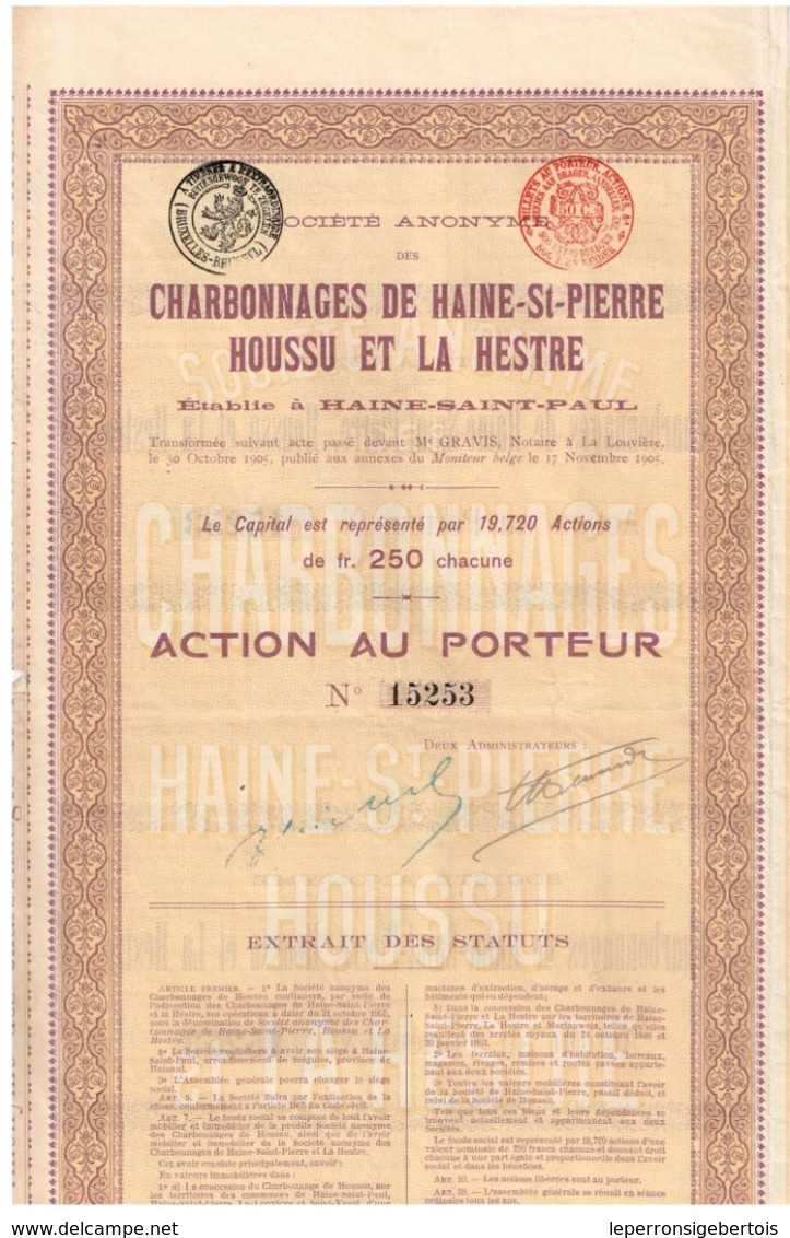 Action Ancienne - Sté Anonyme Des Charbonnages De Haine-St-Pierre Houssu Et La Hestre - Titre De 1905 - Rare - Mines