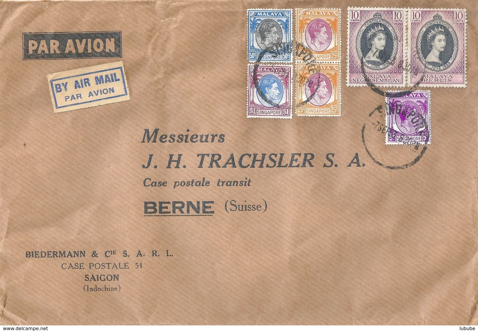 Airmail Brief  "Biedermann, Saigon"  Singapore - Bern        1953 - Singapore (...-1959)