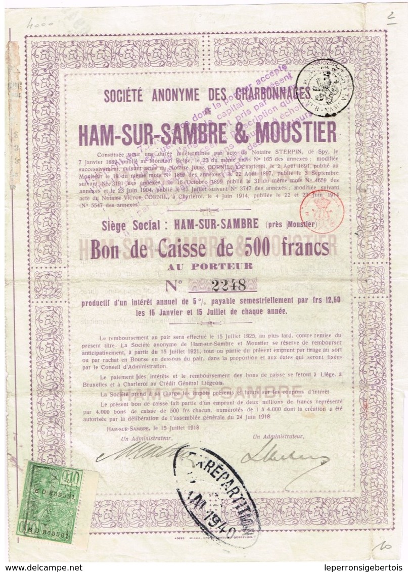 Bon De Caisse - Sté Anonyme Des Charbonnages De Ham-Sur-Sambre & Moustier - Titre De 1918 - N° 02248 - Mines