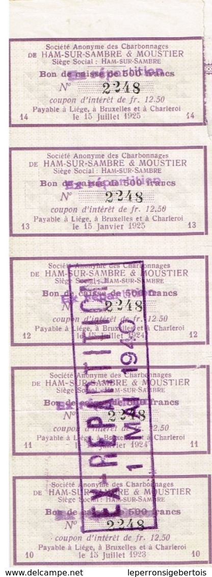 Bon De Caisse - Sté Anonyme Des Charbonnages De Ham-Sur-Sambre & Moustier - Titre De 1918 - N° 02248 - Mines