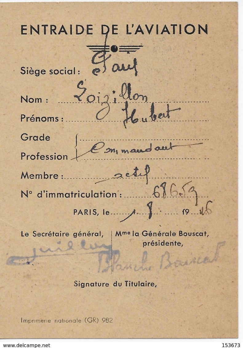 Carte 1946 Adhérent "ENTRAIDE DE L'AVIATION" Au Nom Du Commandant LOIZILLON Hubert - Aviation