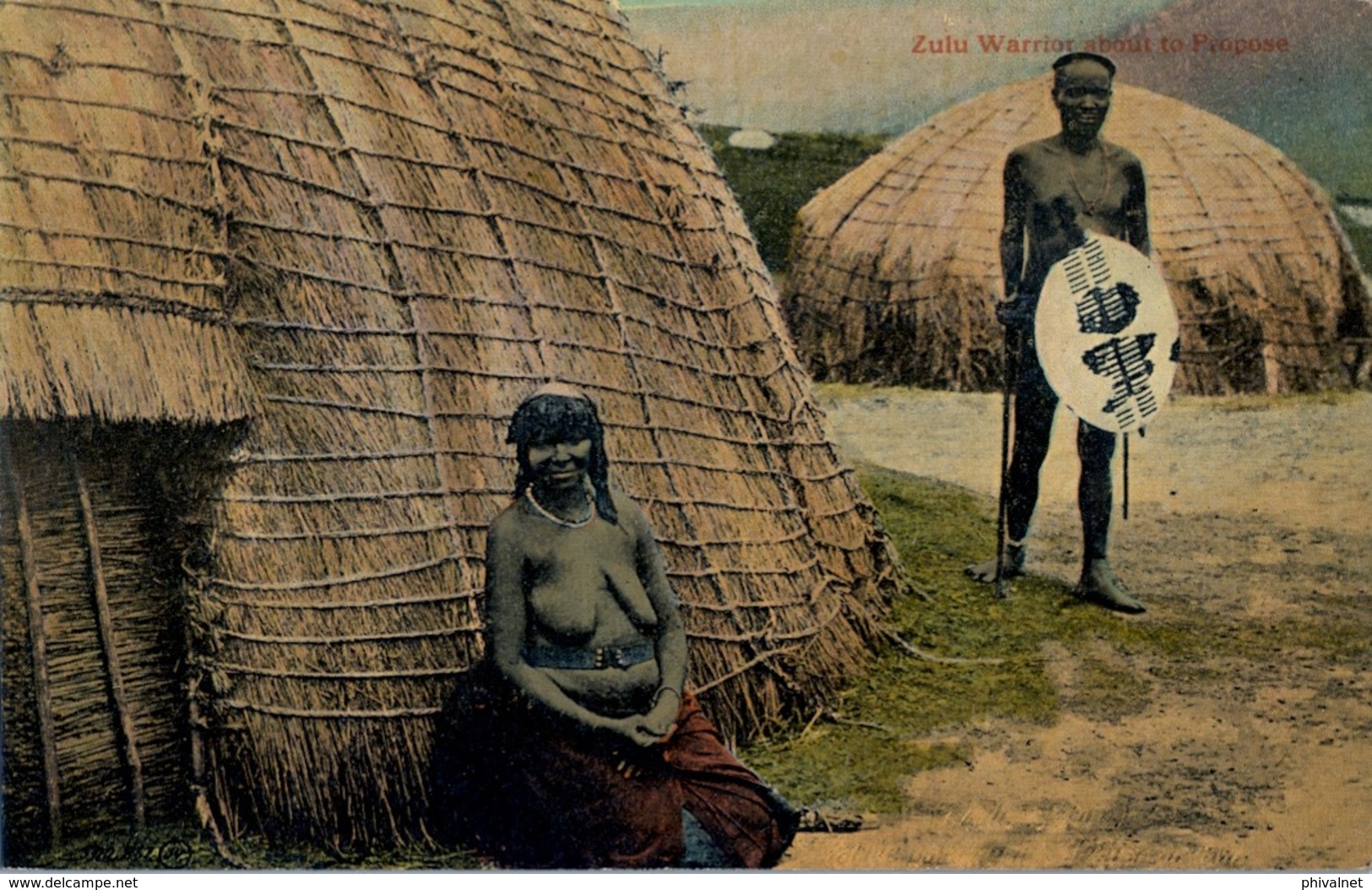 SUDAFRICA , TARJETA POSTAL NO CIRCULADA  , ZULU WARRIOR ABOUT TO PROPOSE , TEMA ÉTNICO , TRIBAL , ETNICAL - Afrique