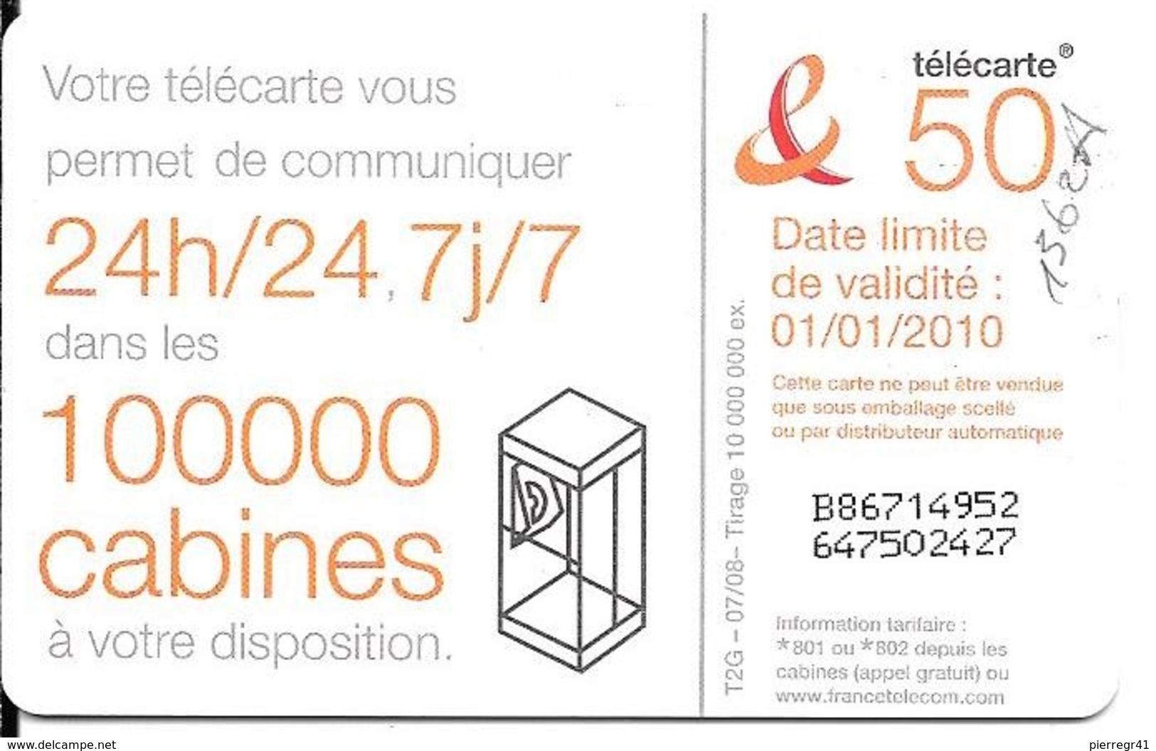 CARTE°-PUBLIC-50U-F1362A-GEM1-07/08-DANSE 6-V°100000 CABINES-Ex 01/01/2010-UTILISE-TBE - 2008