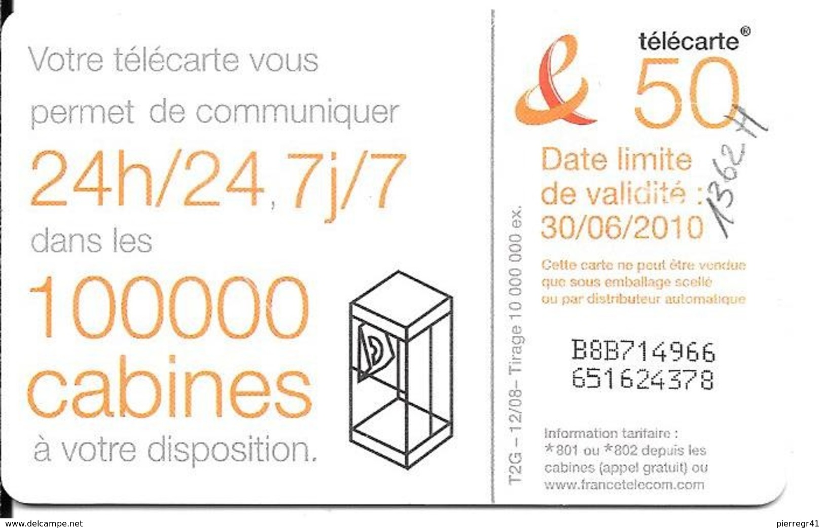 CARTE°-PUBLIC-50U-F1362H-GEM1-12/08-DANSE 6-V°100000 CABINES-Ex 30/06/2010-UTILISE-TBE - 2008