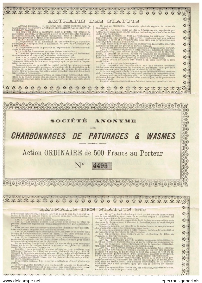 Action Ancienne - Sté Anonyme Des Charbonnages De Paturages & Wasmes - Titre De 1890 - Rare - Mines