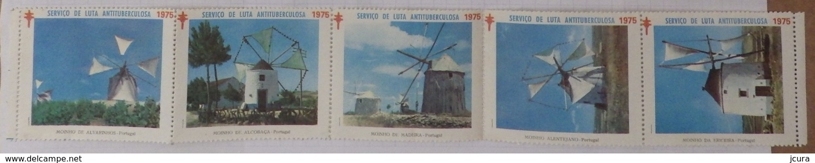 Portugal - 5 Vinhetas Serviço De Luta Antituberculosa IANT 1975 Moinhos - Windmills Cinderellas Vignettes - Local Post Stamps