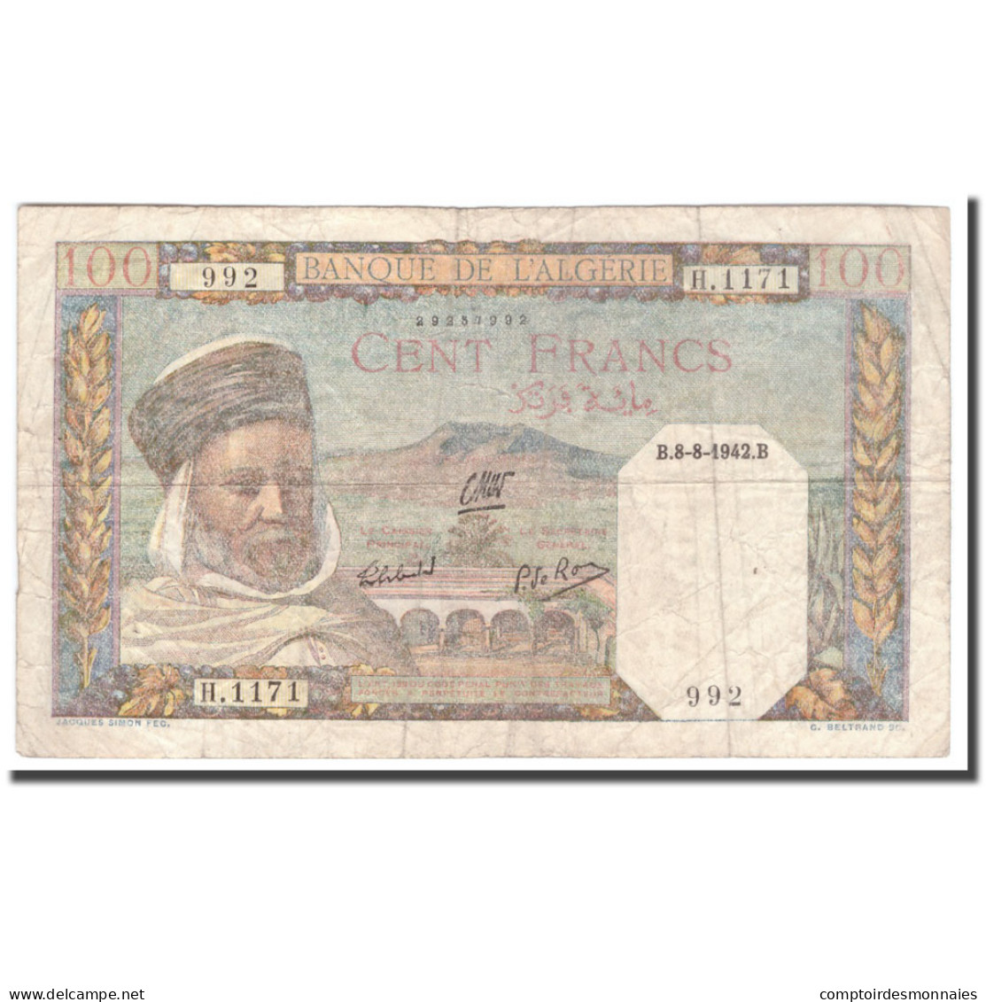 Billet, Algeria, 100 Francs, 1942, 1942-08-08, KM:88, TB - Algerien