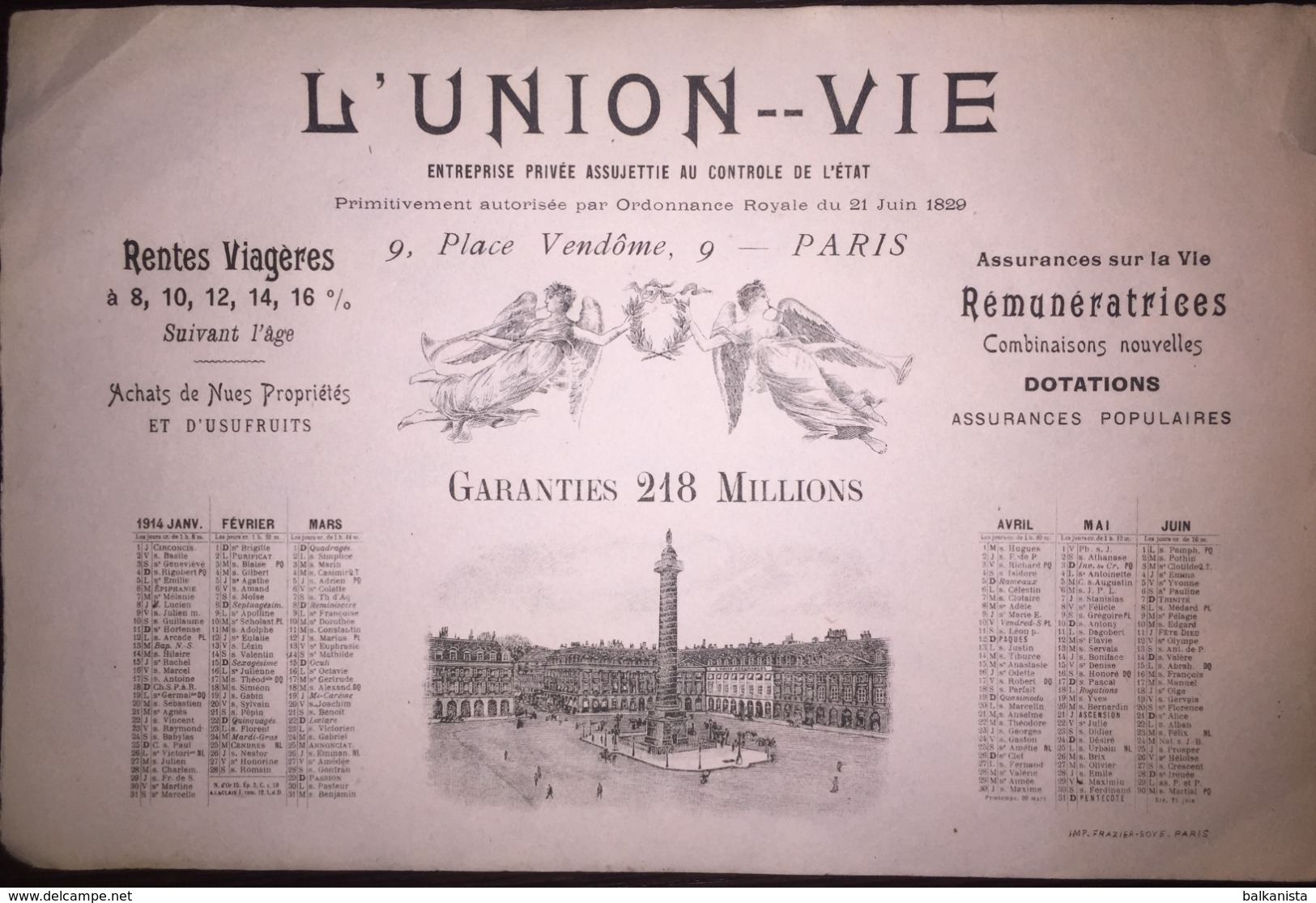 L'UNION VIE CALENDRIER 1914 - Tamaño Grande : 1901-20