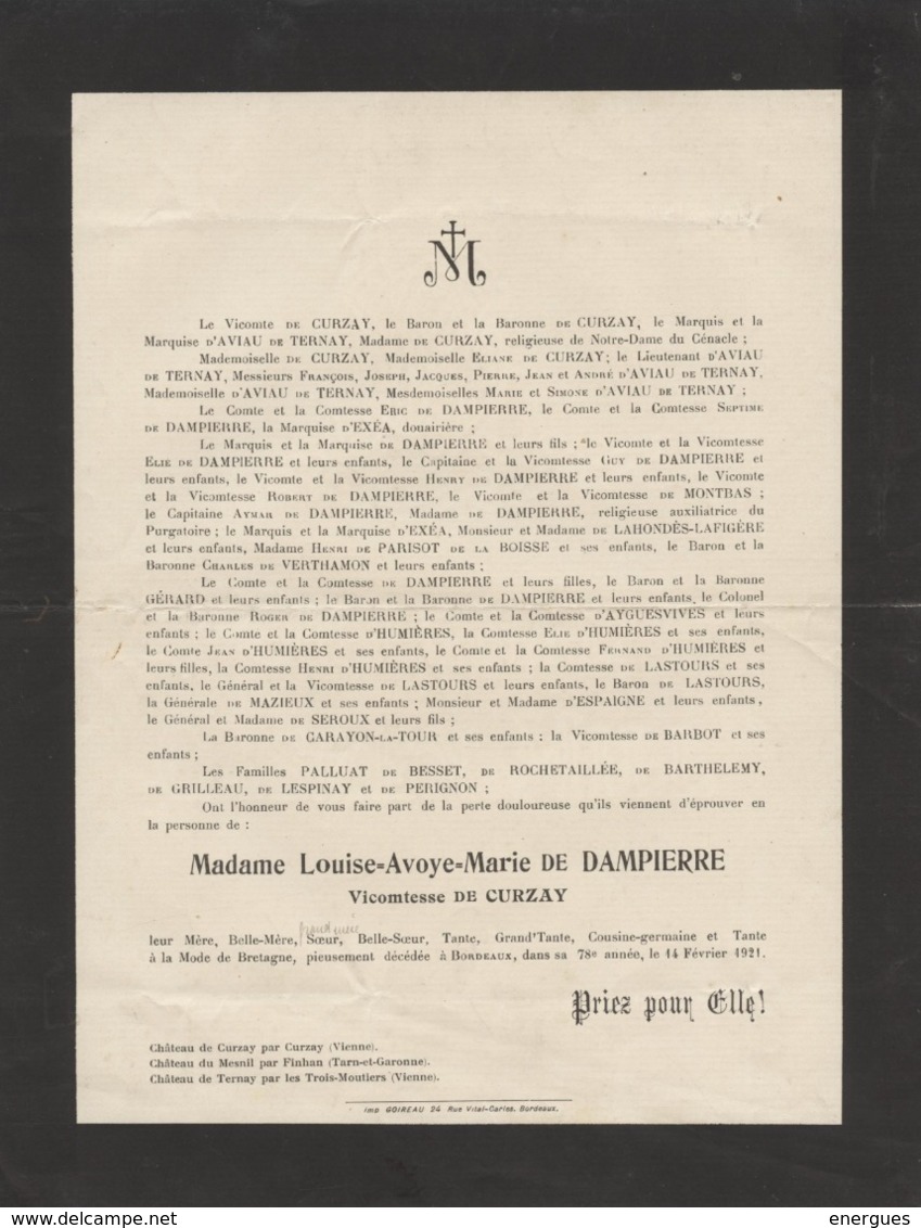 Bordeaux,Curzay,Mesnil Finhan,Ternay,2 Faire-part,Curzay,Rochetaillée,Dampierre,Exéa,Ayguevives,Humières,Barbot,Pérignon - Todesanzeige