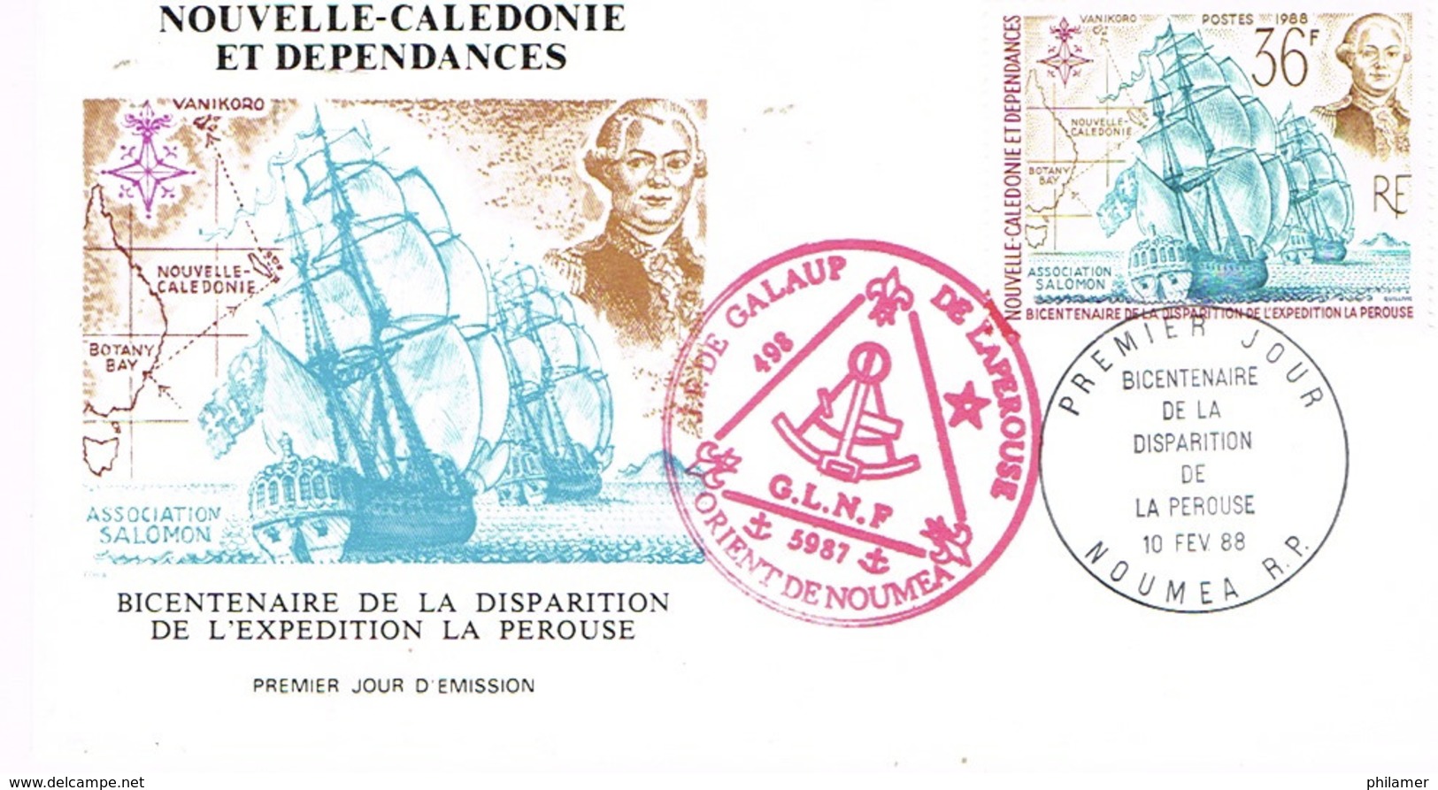 Nouvelle Caledonie Franc Maconnerie Macon Freemason Laperouse Loge Lodge GLNF FDC EPJ Premier Jour 1988 BE - Andere & Zonder Classificatie