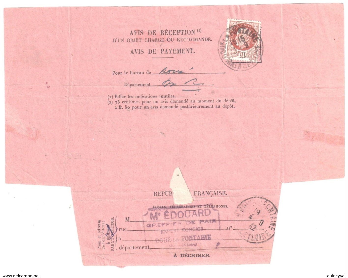Avis De Réception N° 514 1,50F Pétain Yv 516 Ob 2 9 1942 Doué La Fontaine Maine Et Loire - Brieven En Documenten