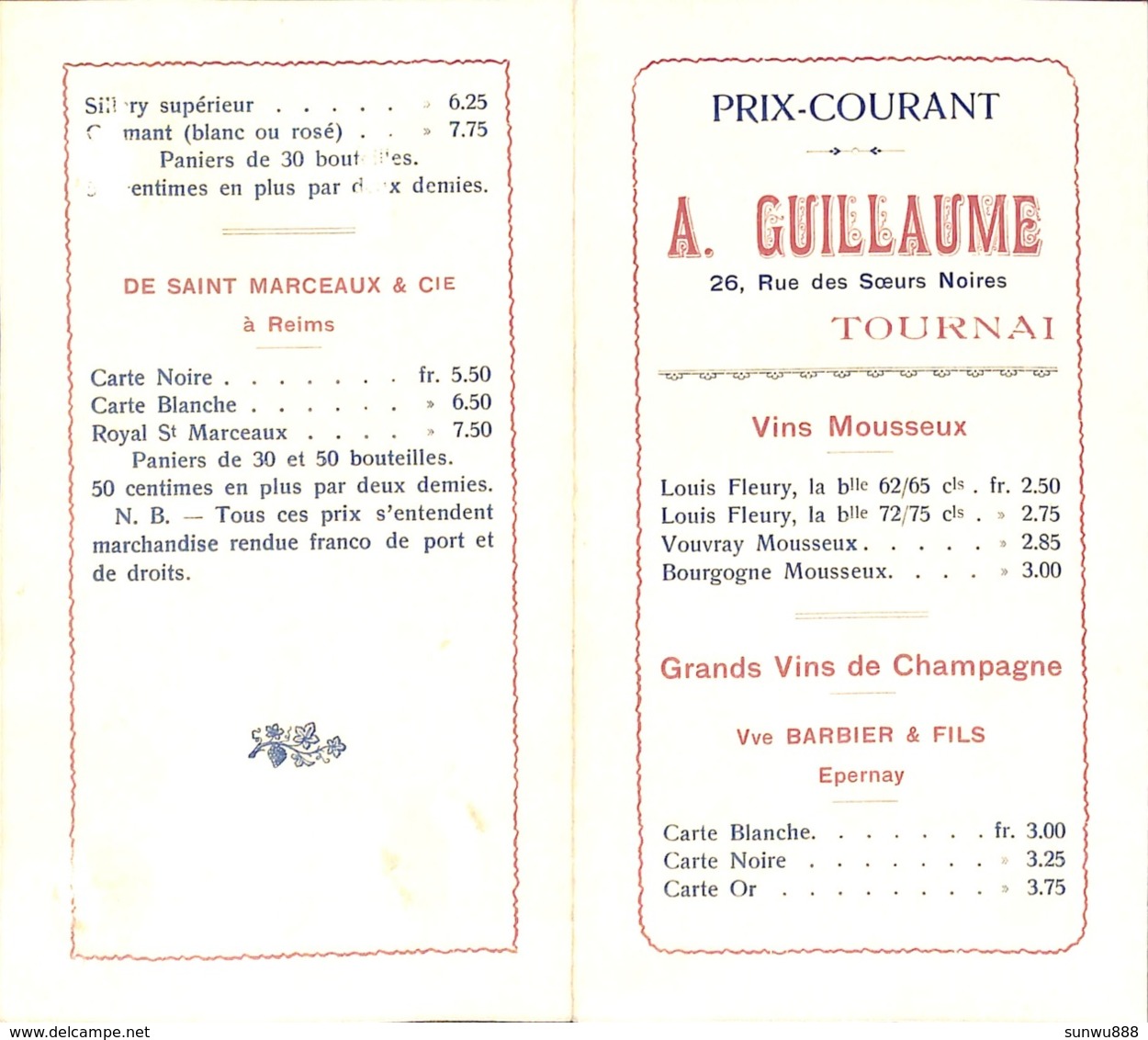 Prix-Courant A. Guillaume Tournai - Vins Mousseux, Champagne Epernay, Crémant... - Lebensmittel