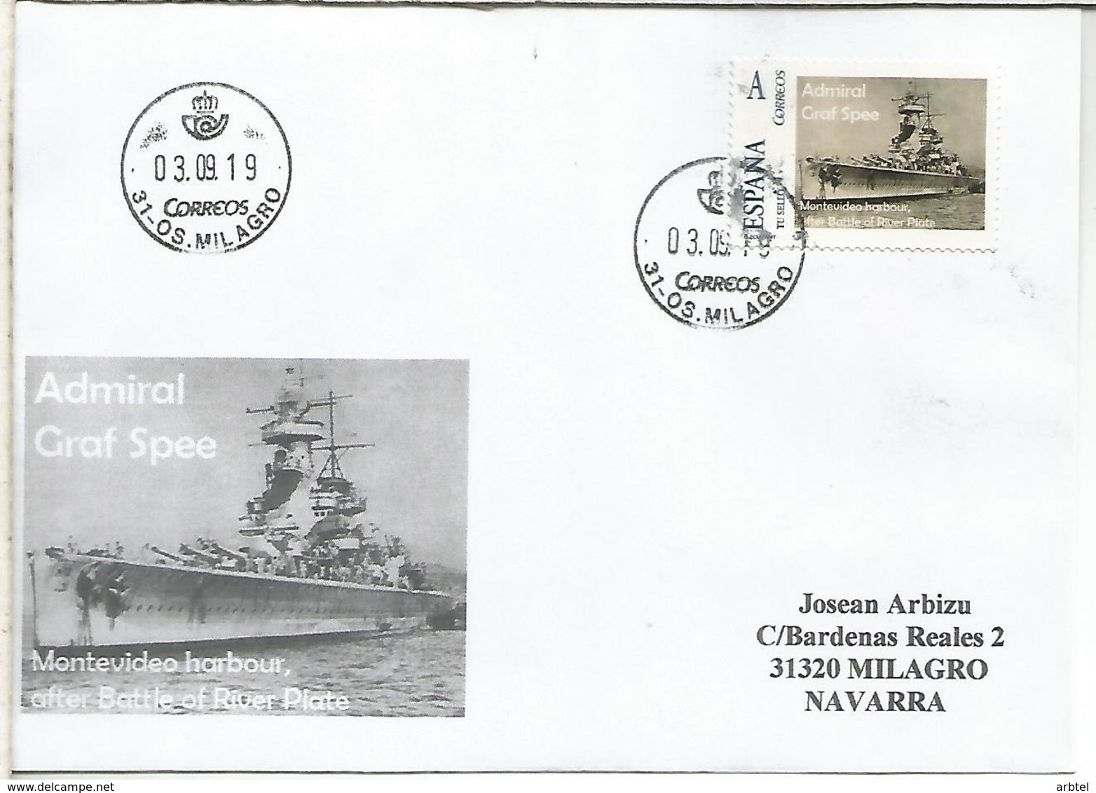 GERMAN SHIP ADMIRAL GRAF SPEE AFTER BATLE OF RIVER PLATE URUGUAY SPAIN TU SELLO TUSELLO ON COVER - WW2 (II Guerra Mundial)