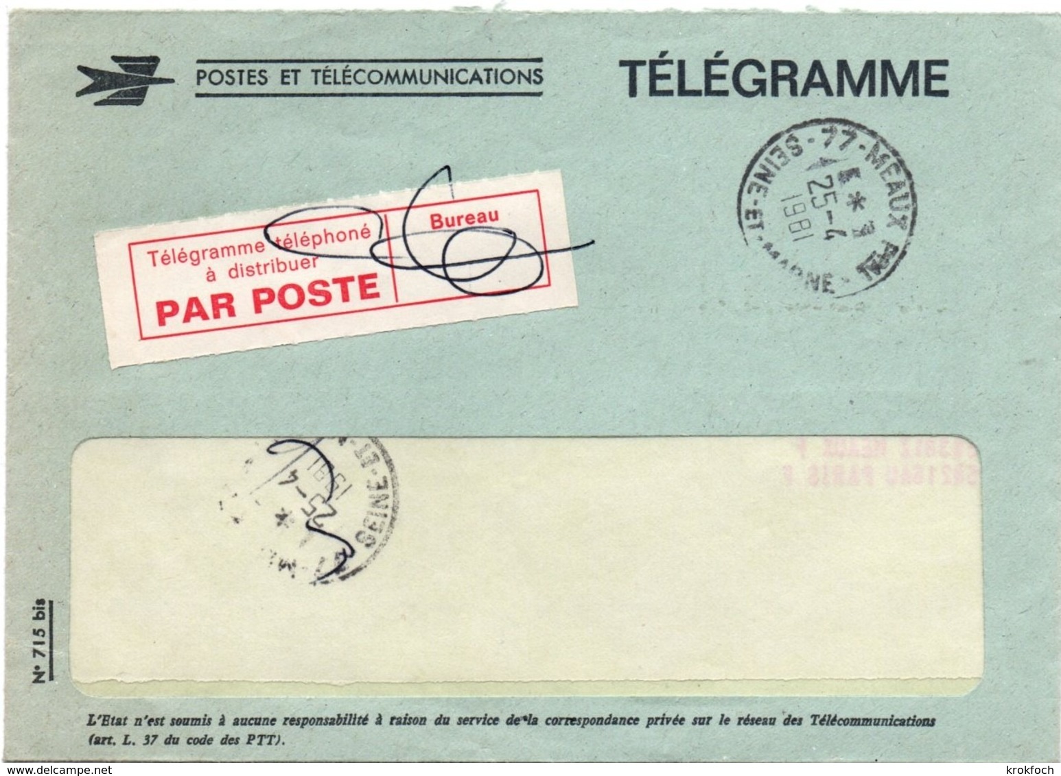 Télégramme Téléphoné à Distribuer - Meaux 1981 Avec Télégramme à L'intérieur Enveloppe - Télégraphes Et Téléphones