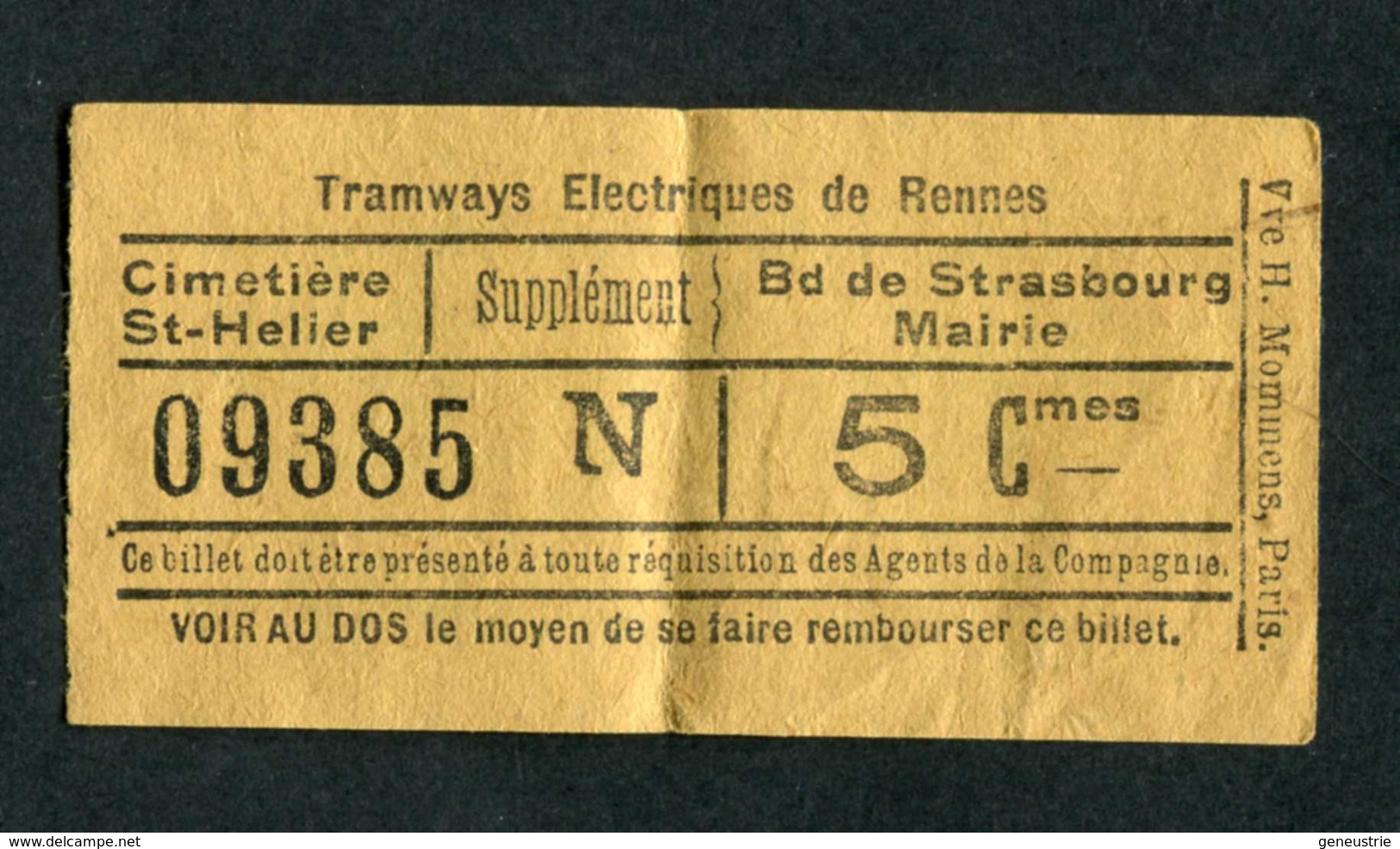 Ticket Billet Tramway Début XXe "Tramways Electriques De Rennes / Cimetière St Hélier (Suppl) Bd De Strasbourg / 5 Cmes" - Europa