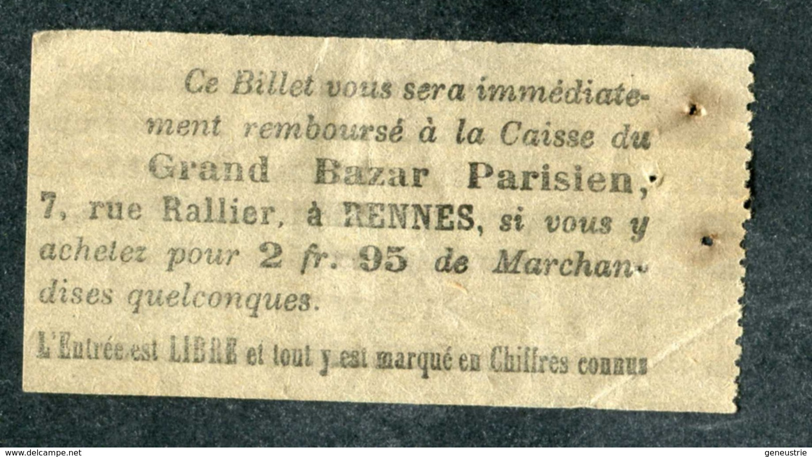 Ticket Billet Tramway Début XXe "Tramways Electriques De Rennes / Fg De Fougères - Place De La Mairie / 10 Cmes" - Europa