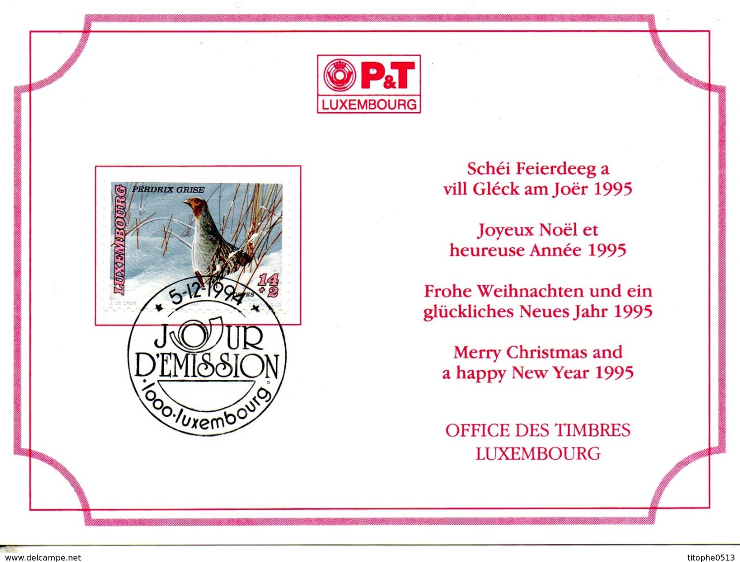 LUXEMBOURG. N°1303 De 1994 Sur Carte 1er Jour. Perdrix. - Rebhühner & Wachteln