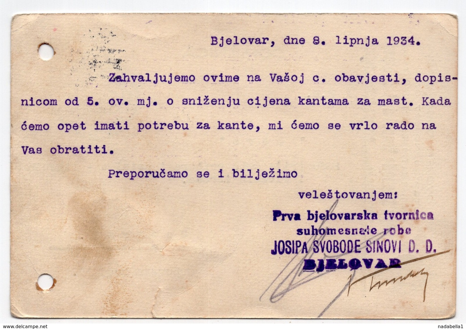 1934 YUGOSLAVIA, CROATIA, BJELOVAR POST MARK,CORRESPONDENCE CARD, JOSIP SVOBODA, SUPPLIERS TO THE ROYAL COURT - Covers & Documents