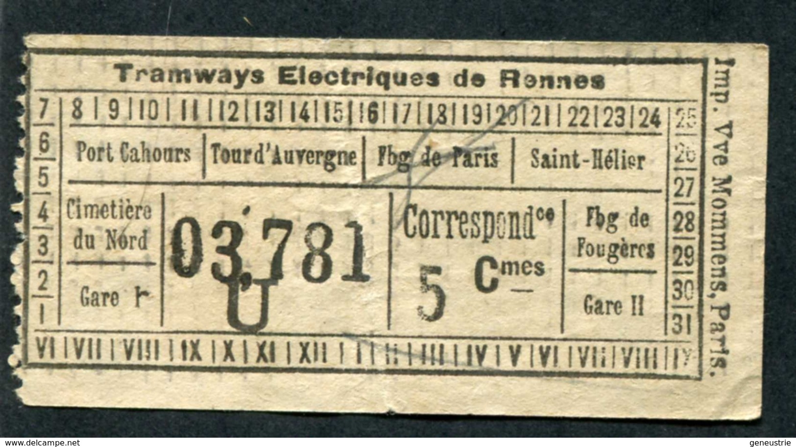 Ticket Billet Tramway Début XXe "Tramways Electriques De Rennes / Correspondance / 5 Cmes" - Europe