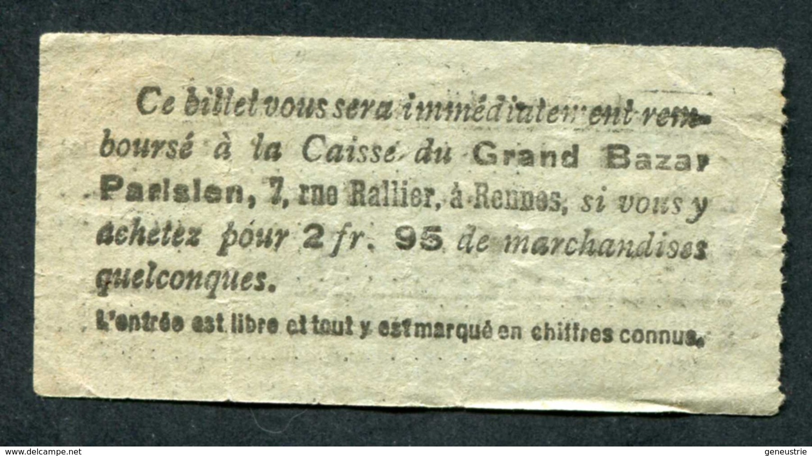 Ticket Billet Tramway Début XXe "Tramways Electriques De Rennes / Terminus - Place De La Mairie (Retour) / 10 Cmes" - Europe