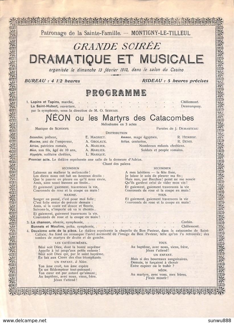 Montigny Le Tilleul - Patronage De La Sainte-Famille - Grande Soirée Dramatique Et Musicale 1910 Salon Du Casino - Programmes