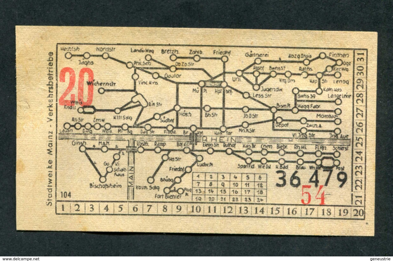 Ticket Billet Tramway Années 50 "Tramways De Mayence (Mainz - Allemagne) / 20pf" - Europe