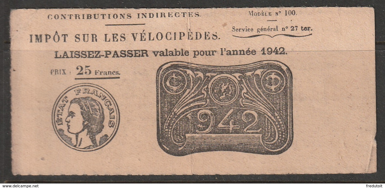 FISCAUX - Vélocipèdes - Laissez Passer En Carton 1942 - Autres & Non Classés