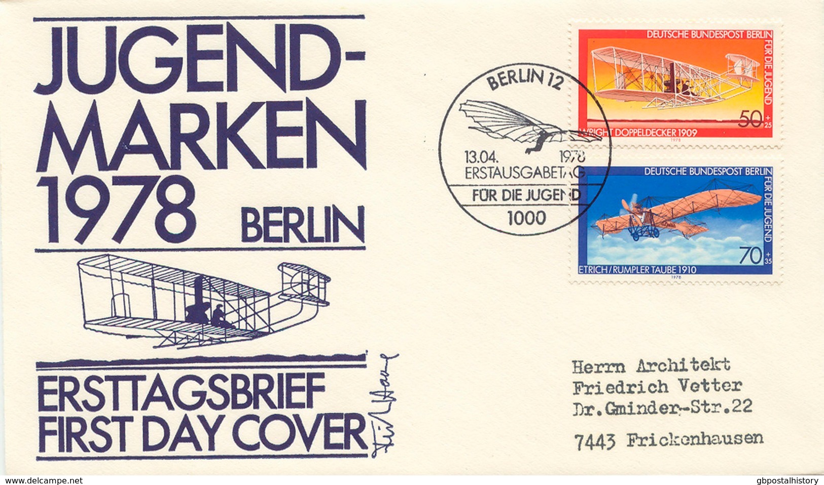 BERLIN 13.4.1978, Jugend (Luftfahrt) A. 2 Echt Gel. FDC's - Covers & Documents