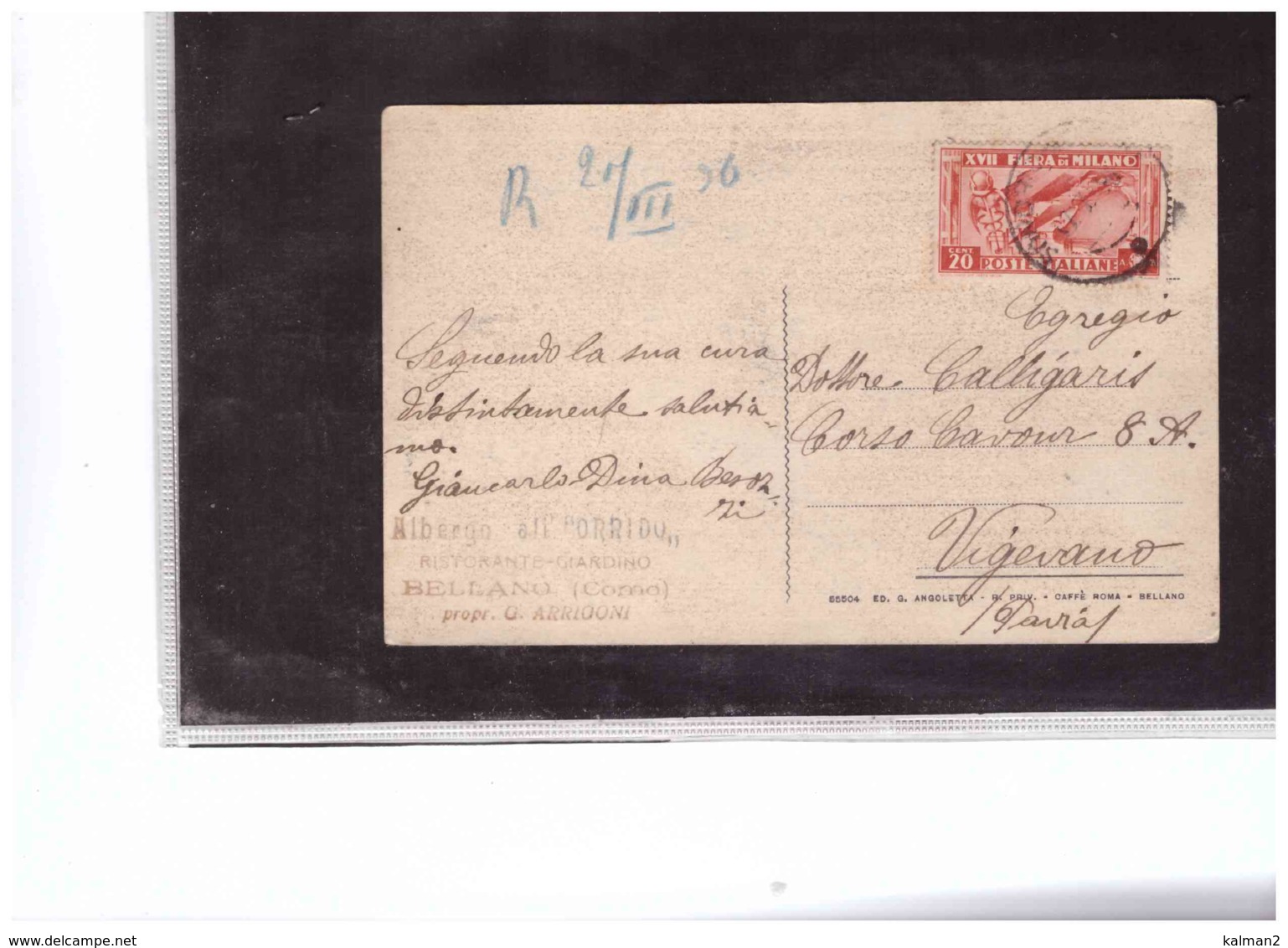 R17   -  BELLANO  17.3.1936   /    CARTOLINA "BELLANO" AFFRANCATA  CON IL NR. 394 -ISOLATO- CAT SASSONE - Storia Postale