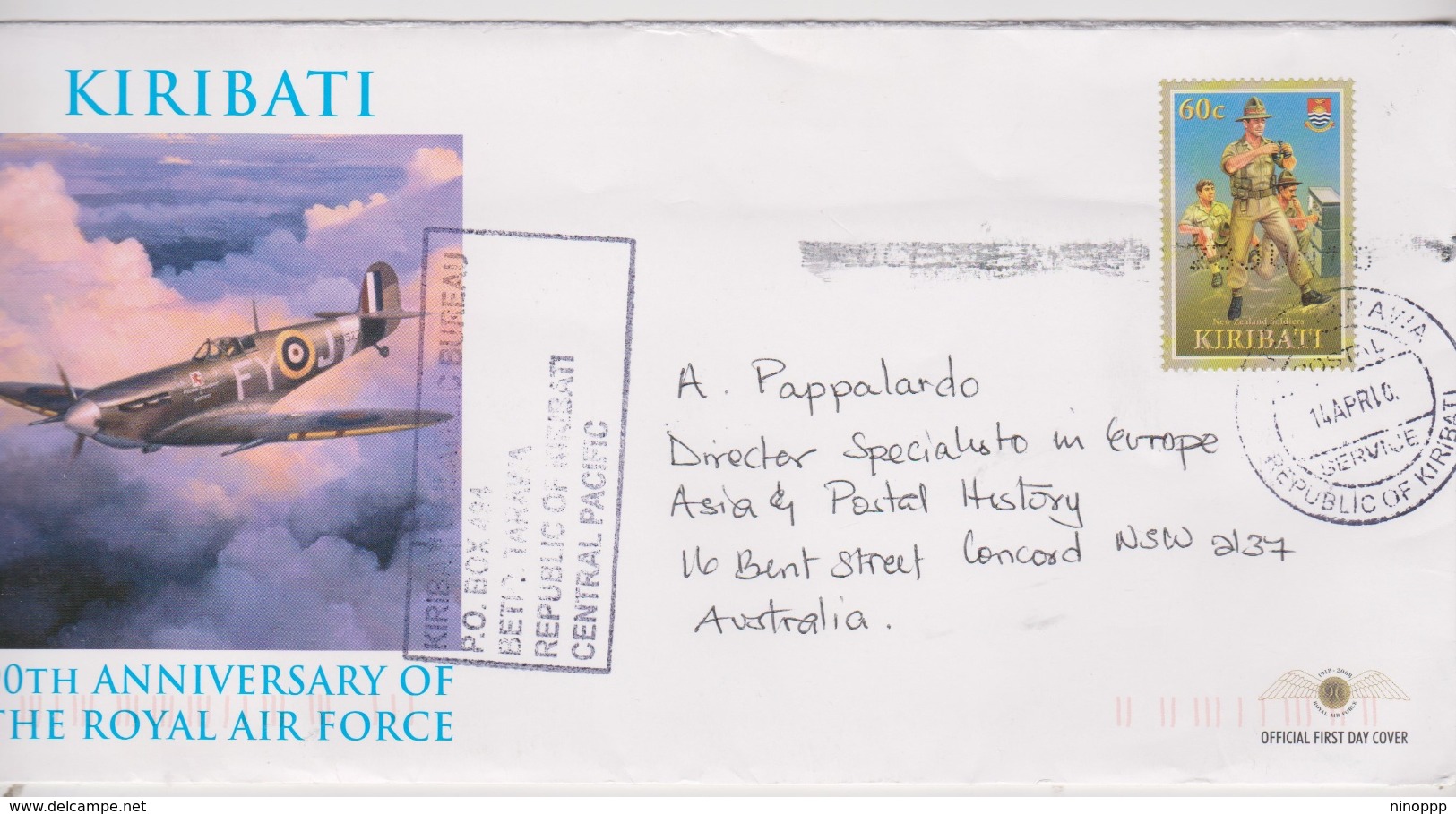 Kiribati 2010 90 Anniversary Of Royal Aor Force, 60c On Cover Sent To Australia, - Kiribati (1979-...)