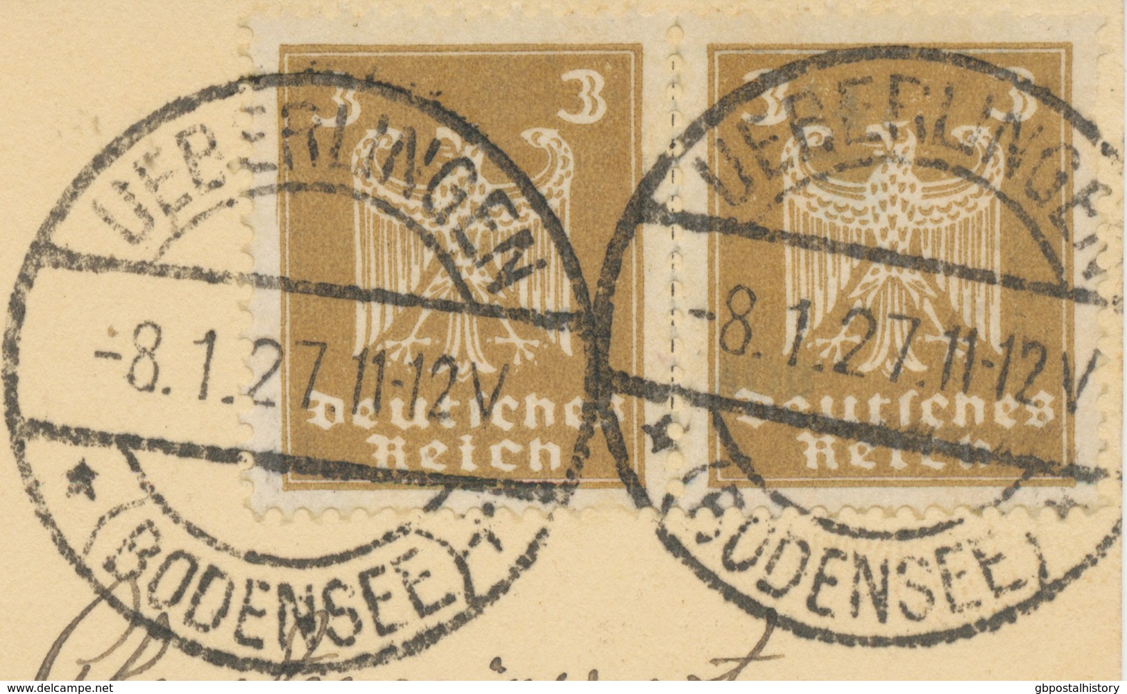 DEUTSCHES REICH 1927 ÜBERLINGEN Sepia AK Partie Beim Münster, Frankiert Mit 2 Mal 3 Pfg Reichsadler, ABART: Linker Marke - Abarten & Kuriositäten