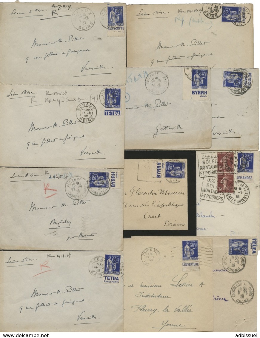 N°365b, (x11) PAIX 65 Ct Outremer Avec BANDELETTES PUBLICITAIRES DE CARNET Sur 11 Env. Entre 1937 Et 1939. - Lettres & Documents