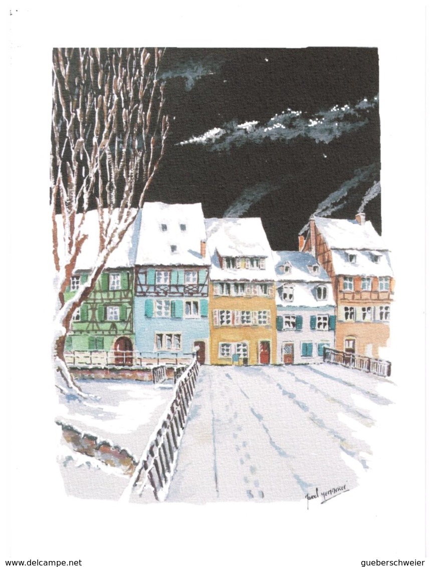 Reproduction D'une Aquarelle De Marcel Hemmerlé "Nuit D'hiver Petite Venise à Colmar" Sur Papier Aquarelle 350 G - Aquarelles