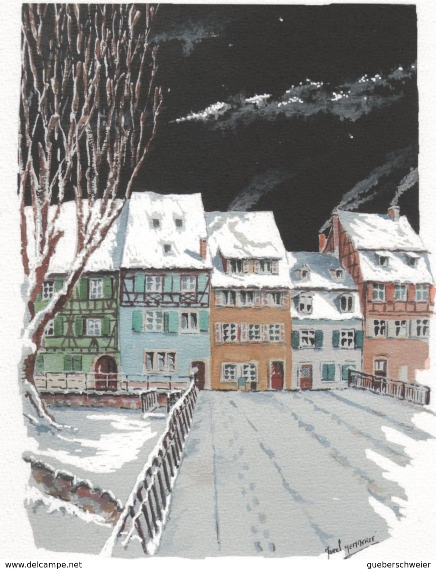 Reproduction D'une Aquarelle De Marcel Hemmerlé "Nuit D'hiver Petite Venise à Colmar" Sur Papier Aquarelle 350 G - Aquarelles