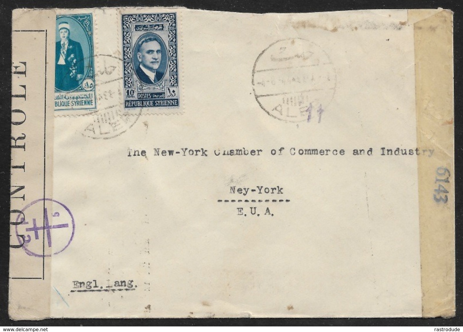 1944 - SYRIE - ALEPPO Lettre Vers NEW YORK, USA - Double Censure France - Etats Unis - Covers & Documents