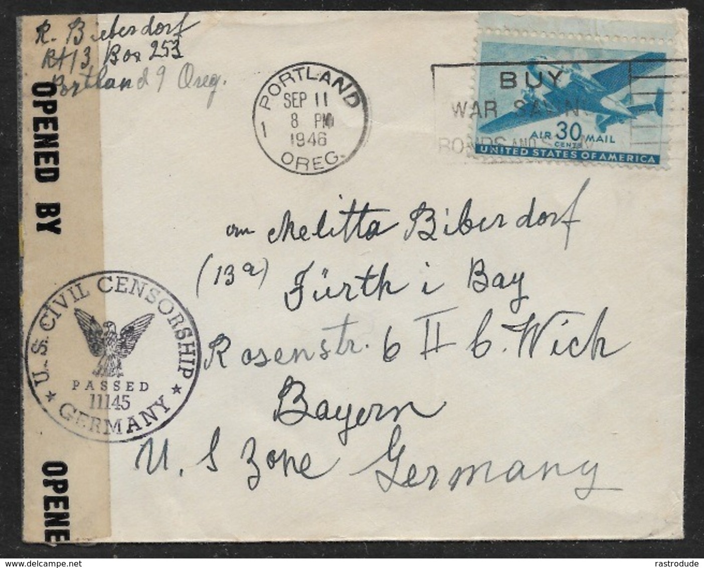 1946 - US - 30c AIRMAIL To GERMANY - U.S CIVIL CENSORSHIP GERMANY - PORTLAND To FÜRTH U.S ZONE - 2a. 1941-1960 Gebraucht