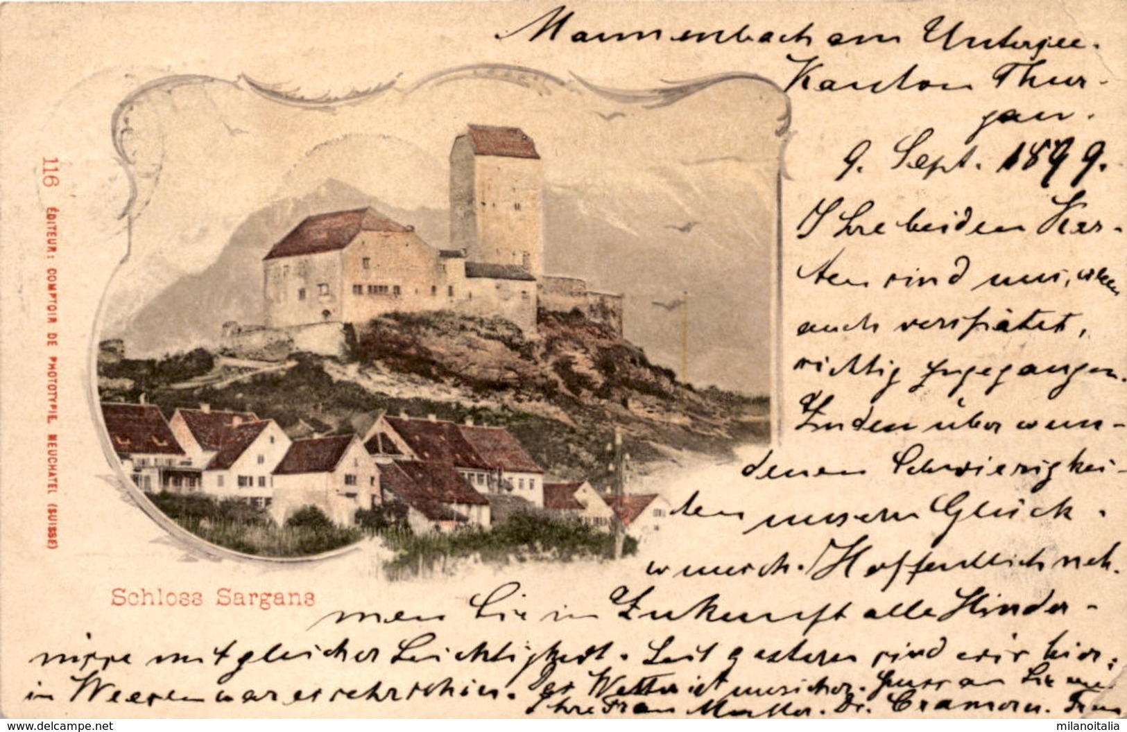 Schloss Sargans - Lithographie (116) * 9. 9. 1899 - Sargans