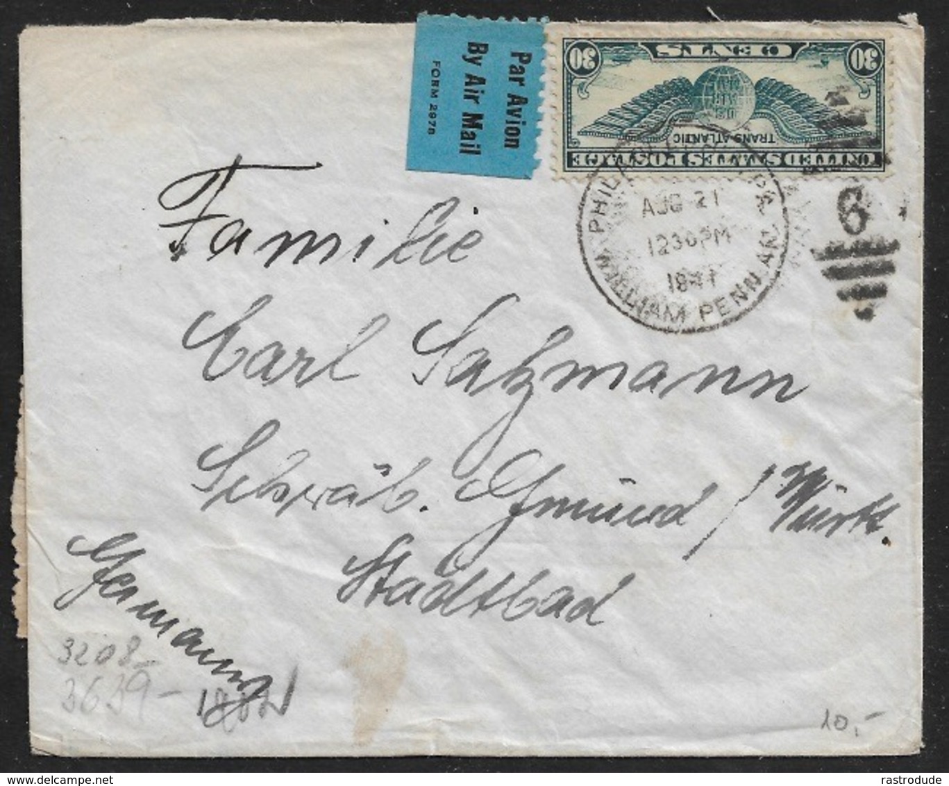 1941 - AUG. 21 - US Airmail Sc C24, 30c Winged Globe To Germany - OKW CENSOR - 2a. 1941-1960 Usados