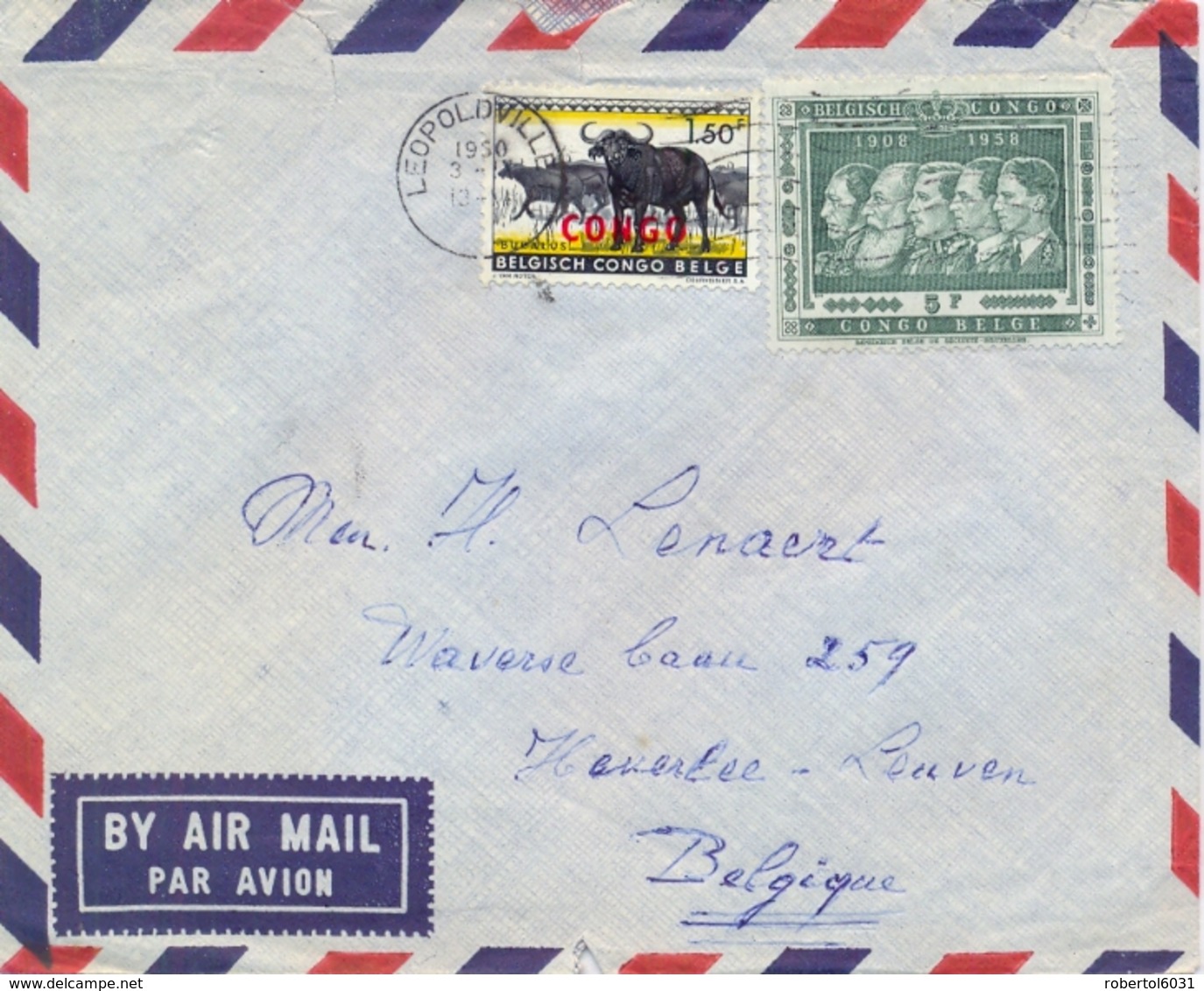 Congo 1960 Airmail Cover From Leopoldville To Belgium With 1,50 F. Buffalo Overprinted CONGO + 5 F. Belgian Kings - Altri & Non Classificati