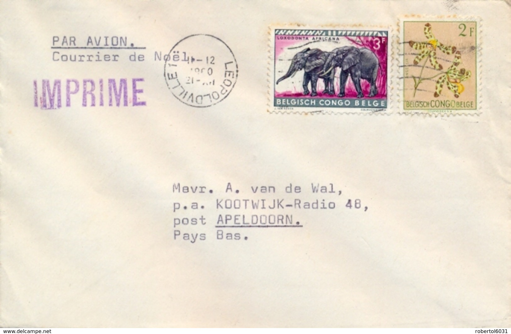 Congo 1960 Airmail Cover By Christmas Courrier From Leopoldville To Netherlands With 2 F. Flower + 3 F. Elephant - Altri & Non Classificati
