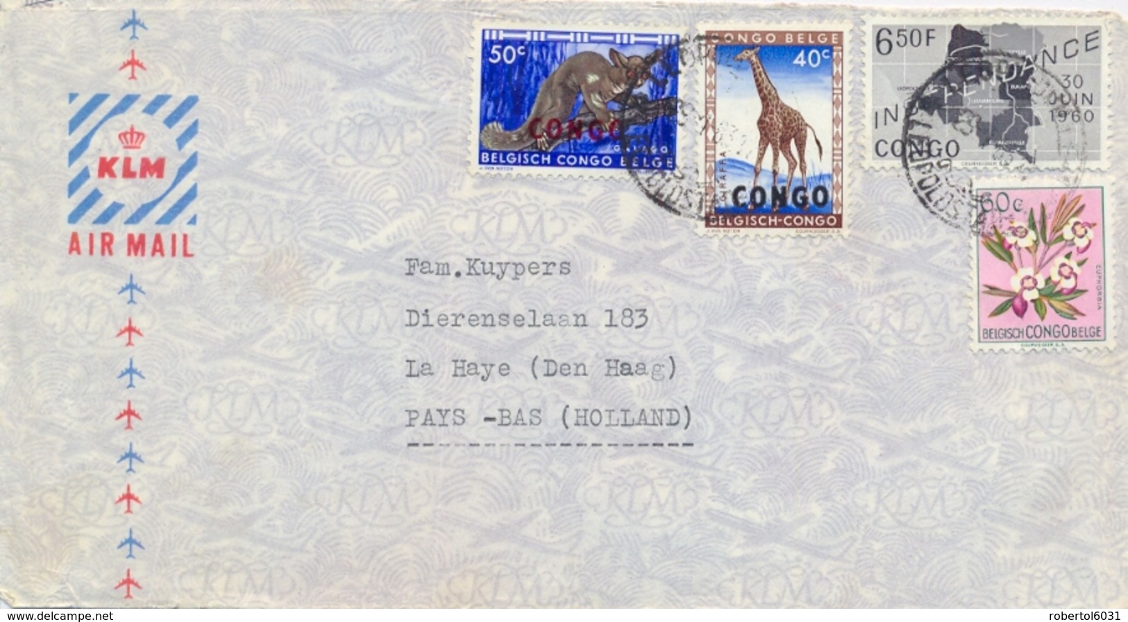 Congo 1963 Airmail Cover From Leopoldville To Netherlands With Animals Overprinted CONGO + Flower + Independence - Altri & Non Classificati