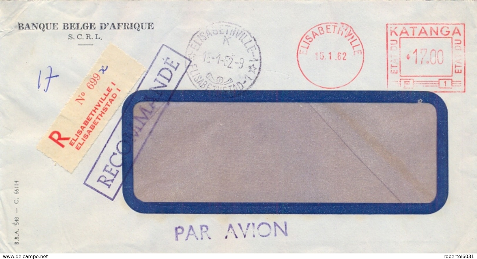 Katanga 1962 Registered Commercial Airmail Cover From Elisabethville With EMA Meter Franking 17,00 F. - Katanga