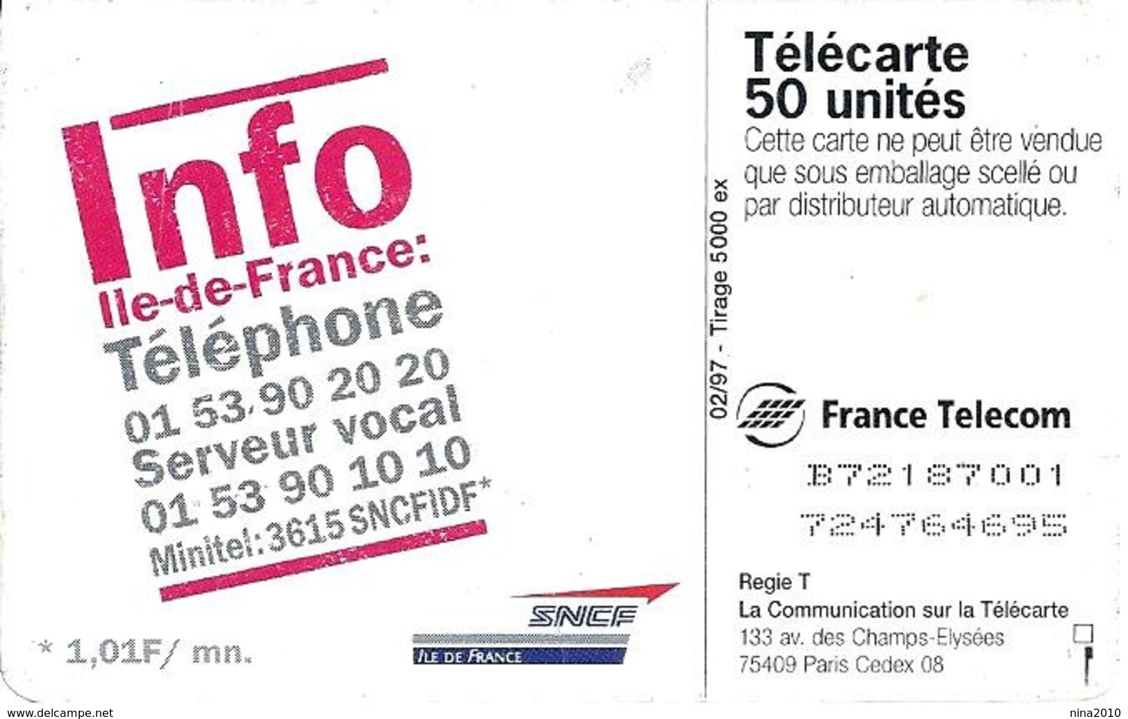 Télécarte Privée - Pub. En1629 - SNCF Info Ile De France - GEM - 50 Unités   