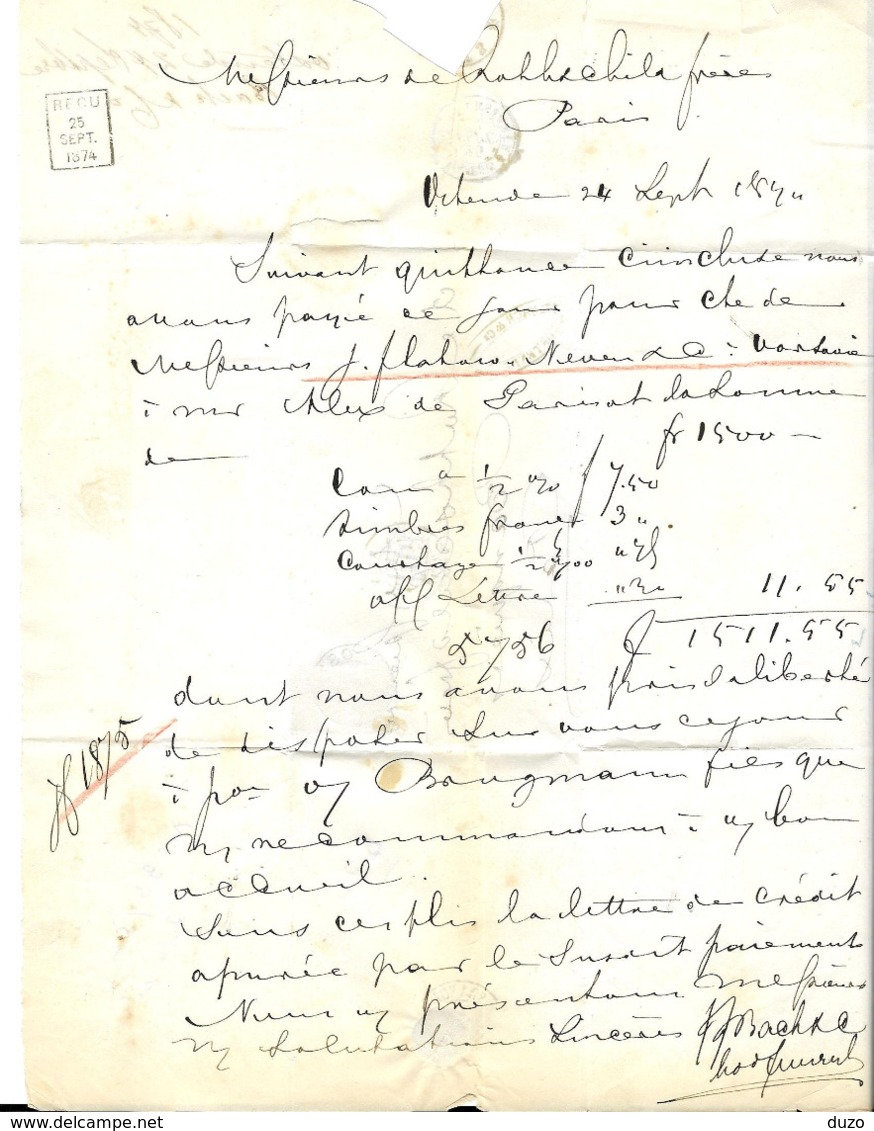 1874 LAC (Bach & C° Ostende) Du 24/09/1874 - Oblit Y&T N° 33 Ostende - Ambulant Belg A Quiévrain >>>> Rothschild Paris. - 1869-1883 Leopoldo II