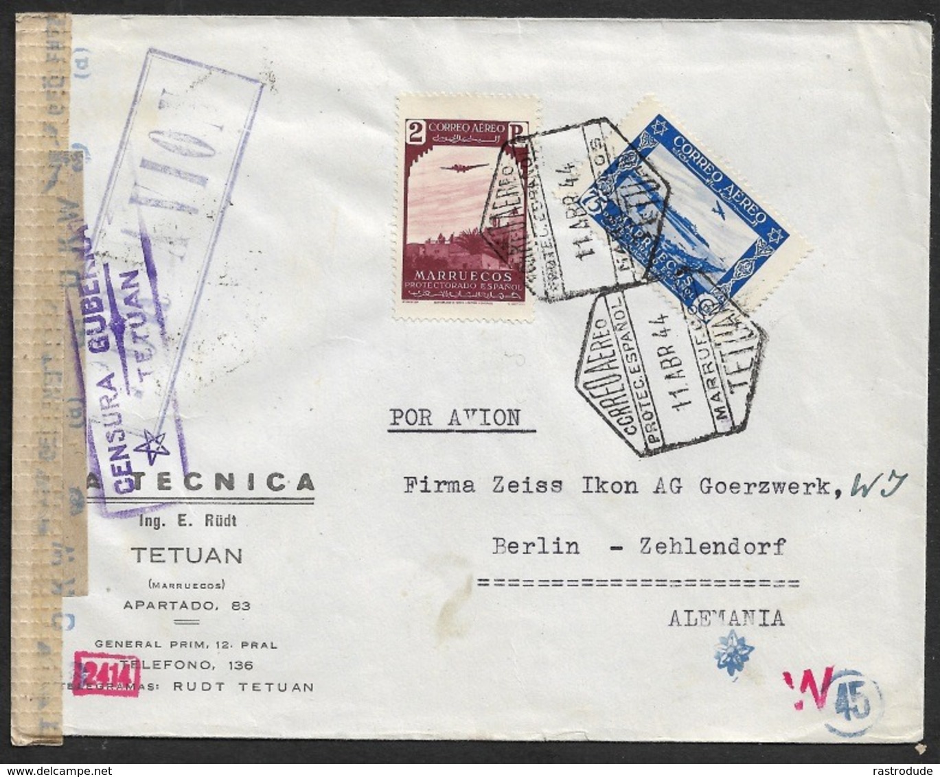 1944 TETUAN MARRUECOS A ALEMANIA Via Madrid- Correo Aereo POR AVION - Censura Doble Tetuan + OKW. - Maroc Espagnol