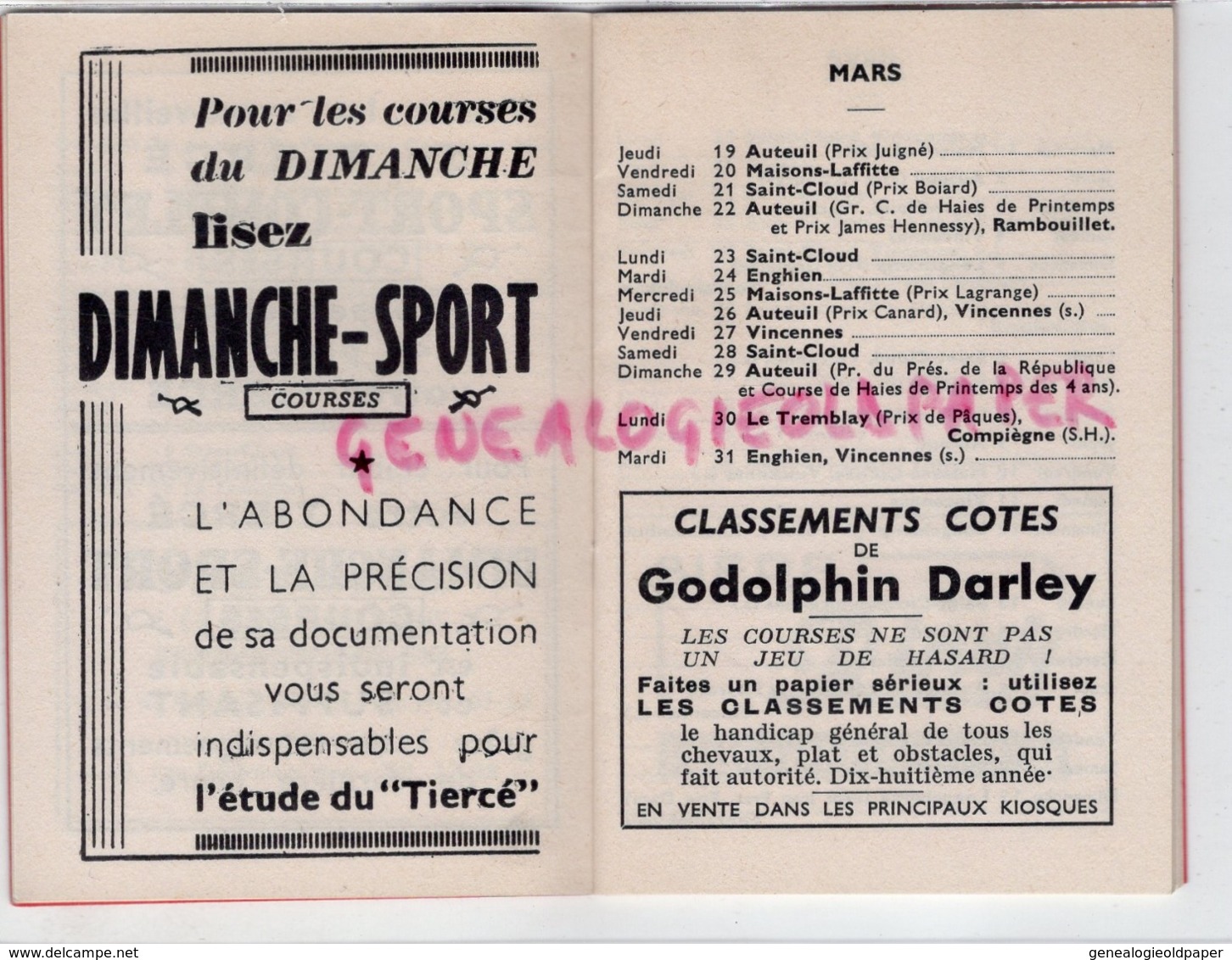 PETIT MINI CALENDRIER 1964-COURSES HIPPIQUES-SPORT COMPLET -CHEVAL-VINCENNES- CHANTILLY-DEAUVILLE-LONGCHAMP-VICHY - Petit Format : 1961-70
