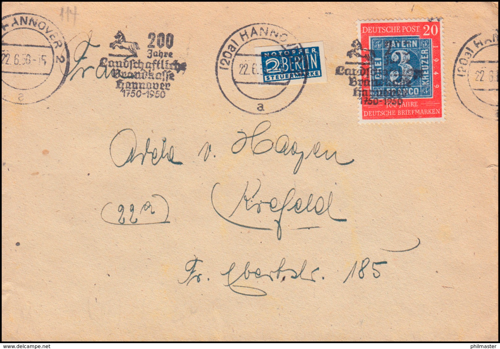 113 Briefmarken 20 Pf Als EF Auf Brief Werbestempel HANNOVER Brandkasse 22.6.50 - Sonstige & Ohne Zuordnung